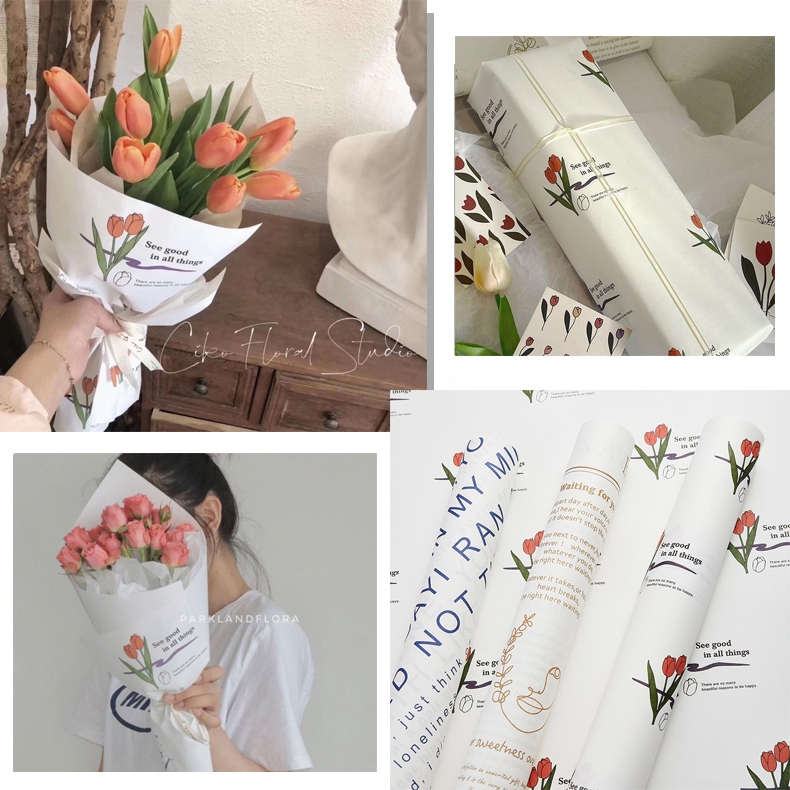 Xấp 10 tờ giấy gói hoa, giấy gói quà hình hoa tulip, giấy dày cứng