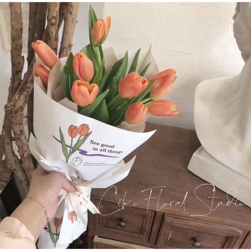 Xấp 10 tờ giấy gói hoa, giấy gói quà hình hoa tulip, giấy dày cứng