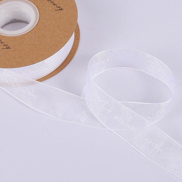 Cuộn 20 mét ruy băng lụa xước in chữ bản rộng 2.5cm