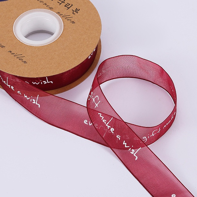 Cuộn 20 mét ruy băng lụa xước in chữ bản rộng 2.5cm