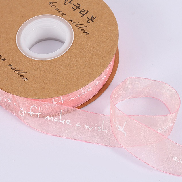 Cuộn 20 mét ruy băng lụa xước in chữ bản rộng 2.5cm