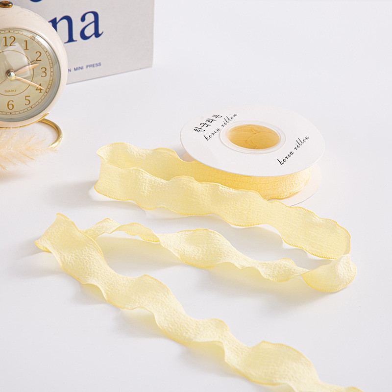 Nguyên cuộn dây ruy băng vải xốp nhún gói hoa, quà, buộc tóc, trang trí tiệc tùng bánh kem màu pastel bản 2.5c