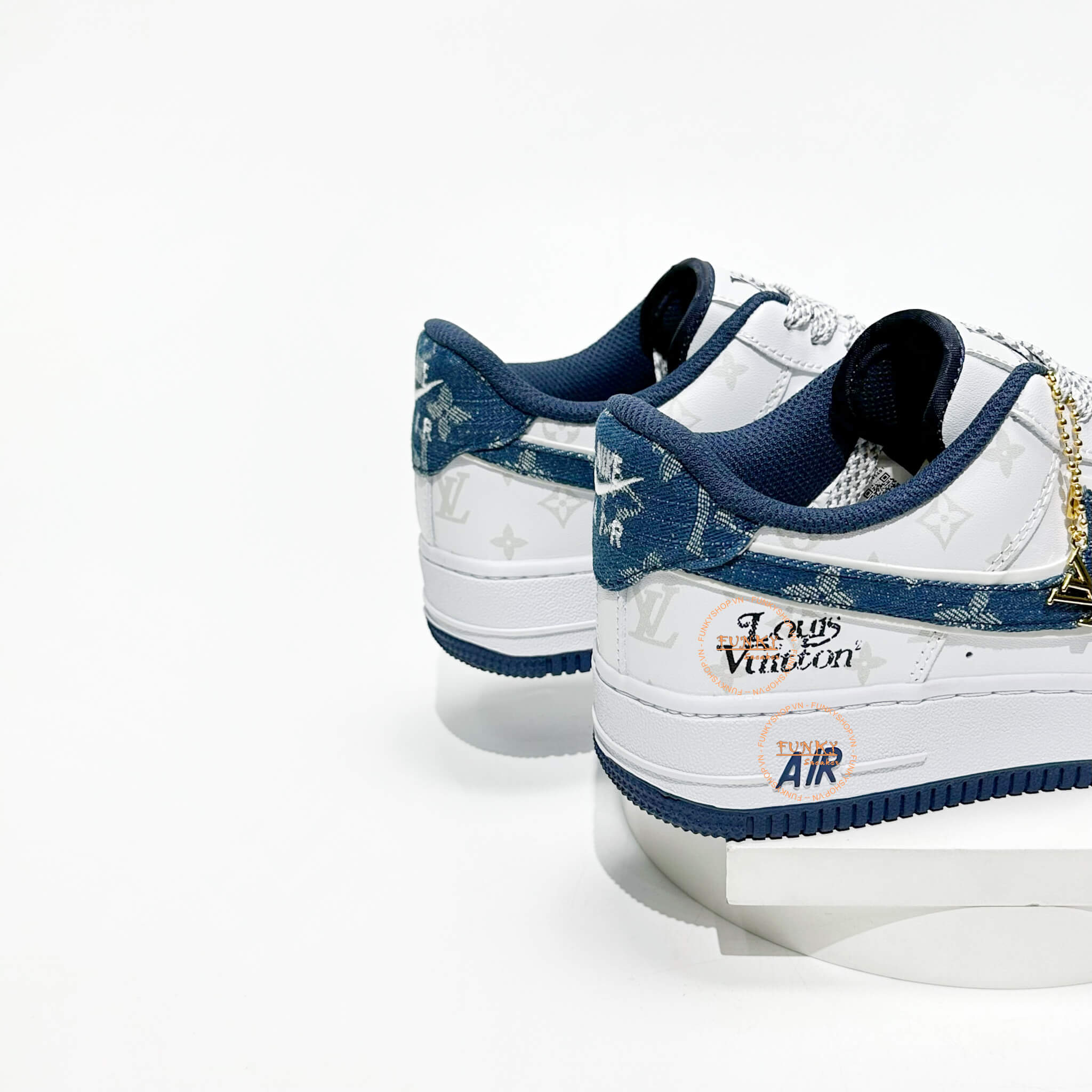 Giày L V x N ike Air Force 1 Monogram Denim Navy Cao Cấp