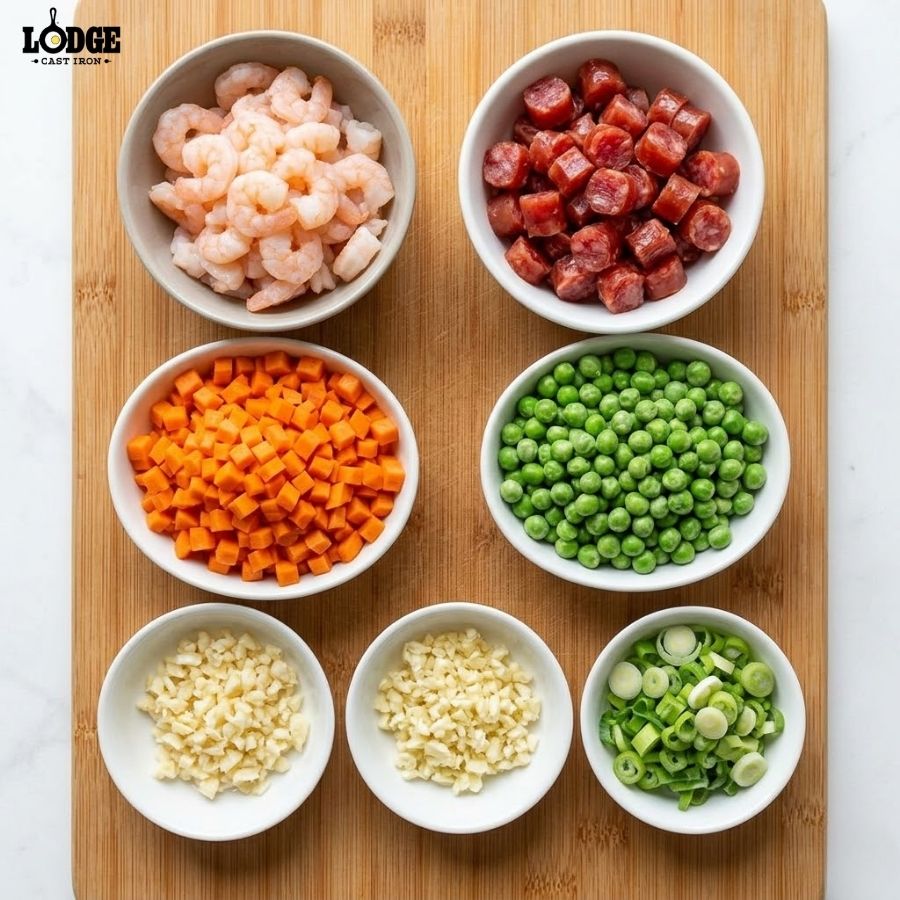 Thái nhỏ các nguyên liệu để làm cơm chiên dương châu