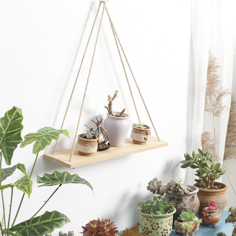 Kệ gỗ treo tường dây thừng 10X30cm 1 tầng có khoan gỗ