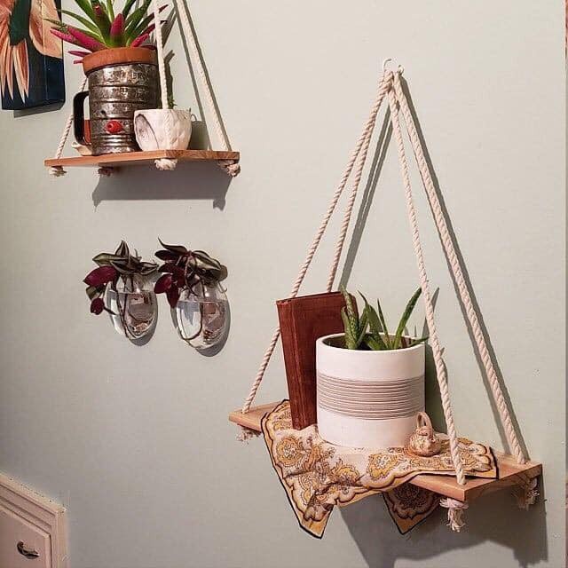 Kệ gỗ treo tường dây thừng 10X30cm 1 tầng có khoan gỗ
