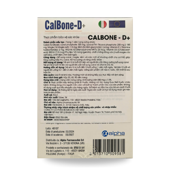 Calbone-D+ - Viên Uống Bổ Sung Canxi, Vitamin D3, K2, Magie và Kẽm Hỗ Trợ Xương Khớp Chắc Khỏe