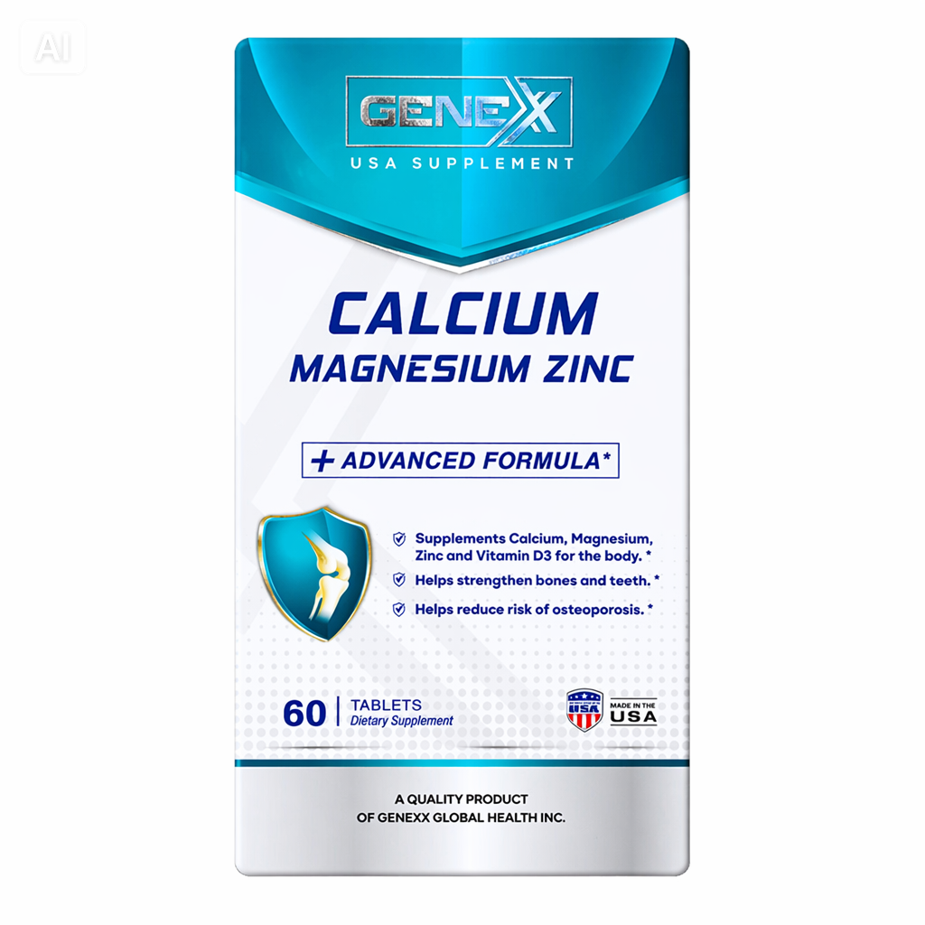 Thực phẩm bảo vệ sức khỏe Genexx Calcium Magnesium Zinc - Sản phẩm bổ sung canxi, magie, kẽm và Vitamin D3 hỗ trợ xương khớp (Hộp 60 viên)