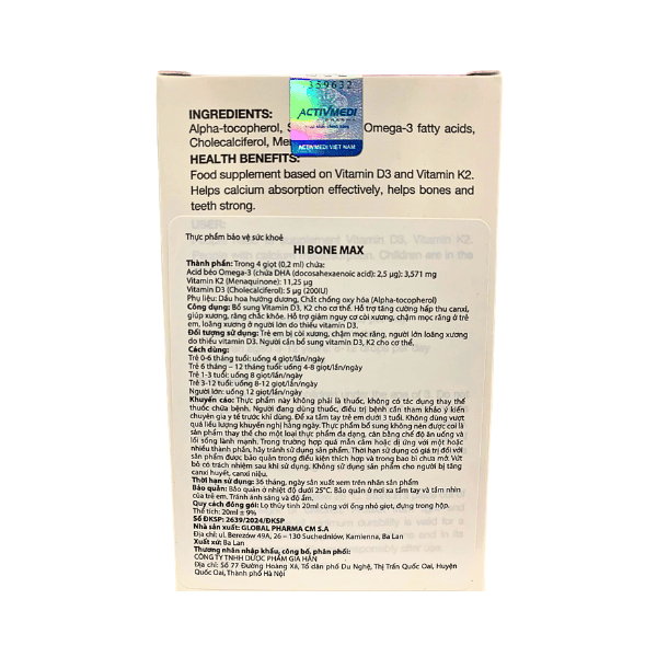Thực phẩm bảo vệ sức khỏe HiBone Max - Dung dịch nhỏ giọt 20ml bổ sung Vitamin D3, K2, DHA hỗ trợ hấp thu canxi, giúp xương răng chắc khỏe và giảm nguy cơ còi xương.