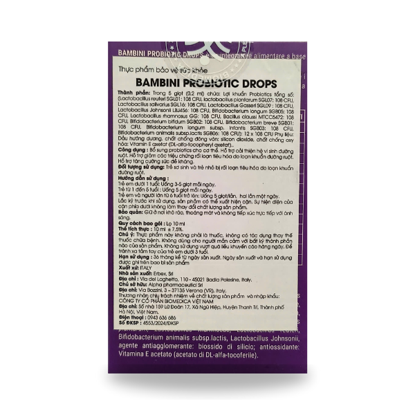 Men Vi Sinh Dạng Nhỏ Giọt Cho Trẻ Sơ Sinh Và Trẻ Nhỏ - Bambini Probiotic Drops, Chứa 12 Chủng Lợi Khuẩn, Hỗ Trợ Tiêu Hóa, Tăng Cường Miễn Dịch, Giảm Táo Bón Và Tiêu Chảy