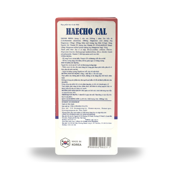Haecho Cal Bổ Sung Canxi Hữu Cơ Từ Tảo Biển Đỏ, Giúp Xương Răng Chắc Khỏe, Hỗ Trợ Phát Triển Chiều Cao, Giảm Loãng Xương Hộp 60 Viên (Hàn Quốc)