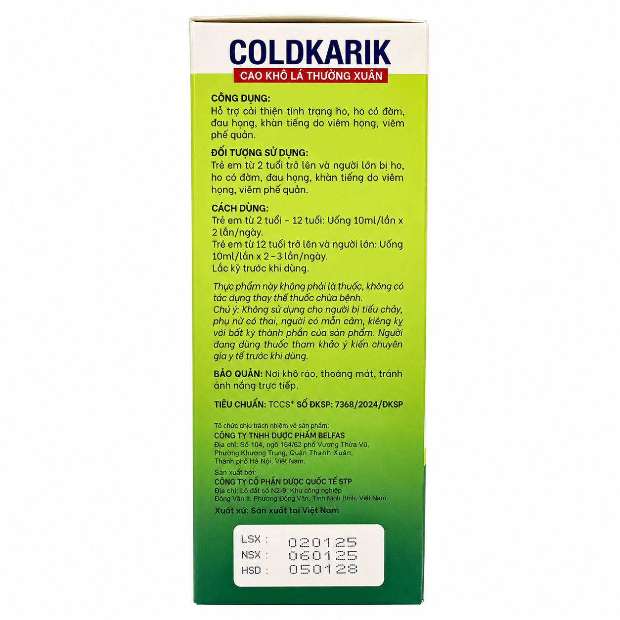 Siro ho Coldkarik Cao Khô Lá Thường Xuân 125ml hỗ trợ cải thiện ho, ho có đờm, đau họng, khàn tiếng cho trẻ từ 2 tuổi và người lớn