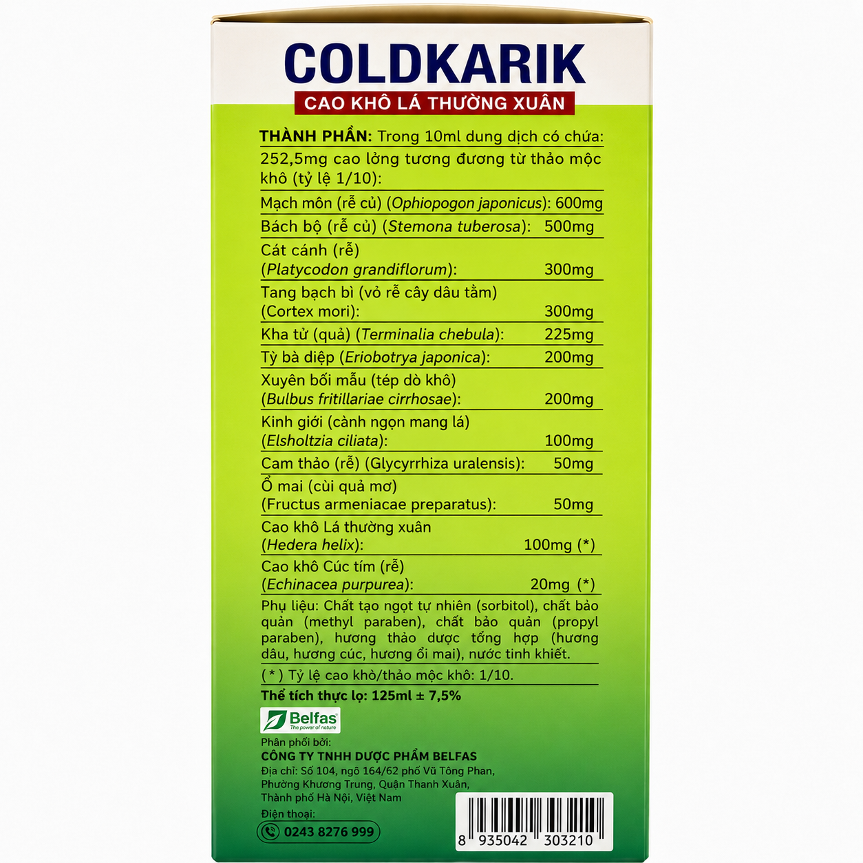 Siro ho Coldkarik Cao Khô Lá Thường Xuân 125ml hỗ trợ cải thiện ho, ho có đờm, đau họng, khàn tiếng cho trẻ từ 2 tuổi và người lớn