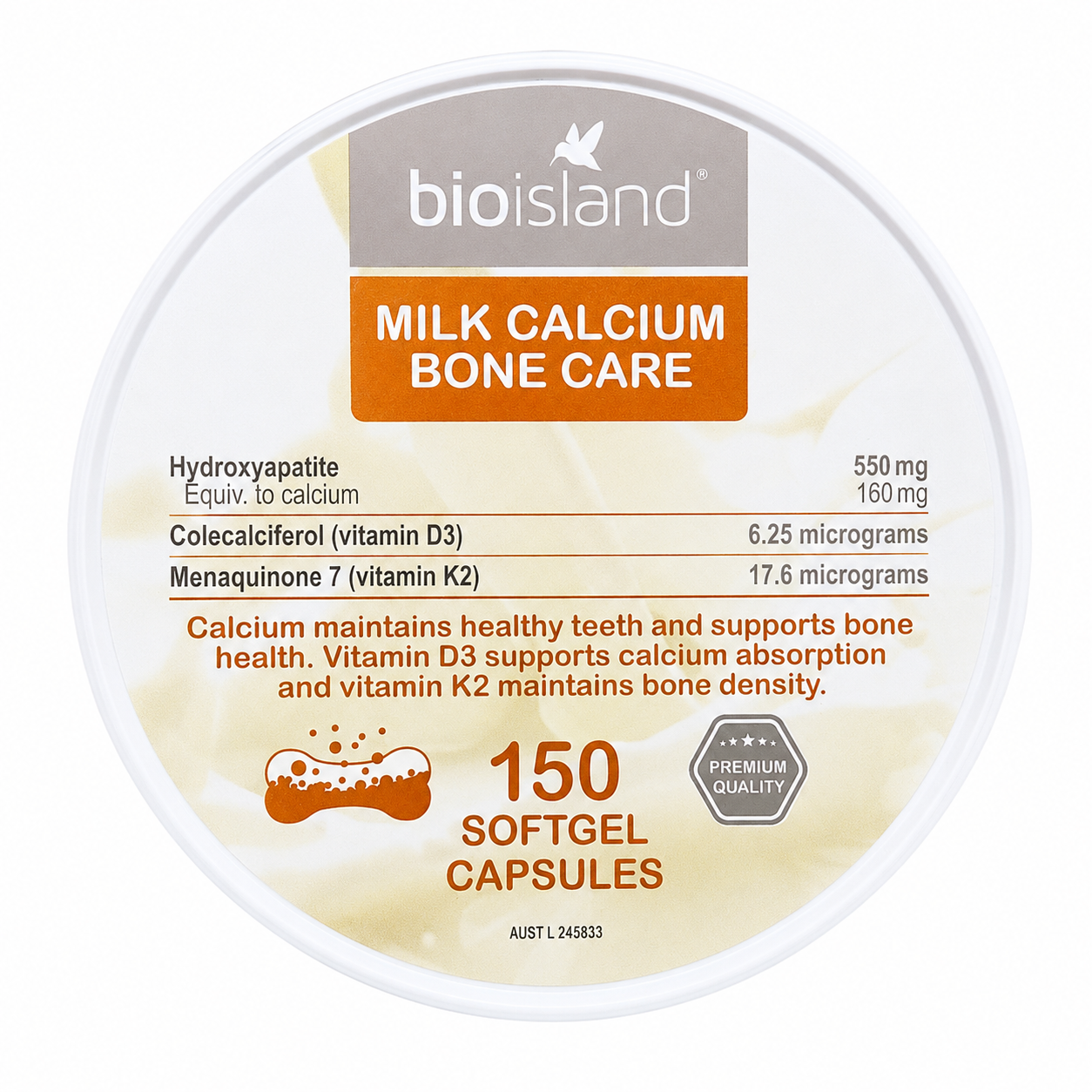 Bio Island Milk Calcium Bone Care – Canxi Hữu Cơ, Vitamin D3 & K2 (Lọ 150 viên)