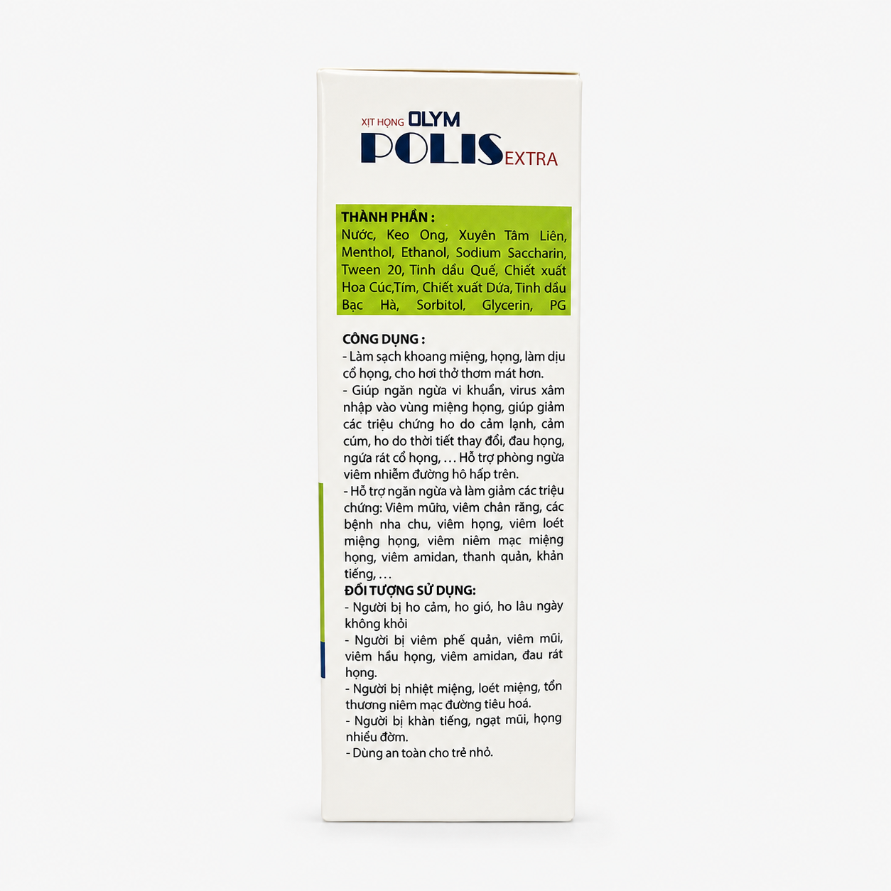 Xịt họng Olym Polis Extra 30ml hỗ trợ làm sạch khoang miệng, dịu họng, giảm ho rát họng và hỗ trợ phòng ngừa viêm đường hô hấp trên