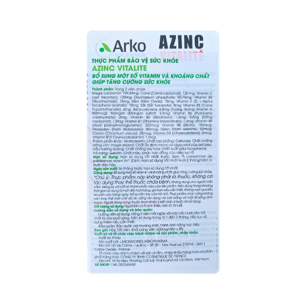 Viên Uống Bổ Sung Vitamin Và Khoáng Chất Azinc Vitalité Arkopharma (Hộp 120 Viên) - Hỗ Trợ Giảm Mệt Mỏi, Tăng Cường Sức Đề Kháng