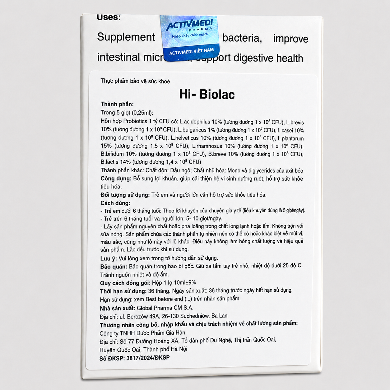Hi-Biolac Probiotic men vi sinh 10 chủng 1 tỷ CFU hỗ trợ cân bằng hệ vi sinh đường ruột cho trẻ em và người lớn lọ 10 ml