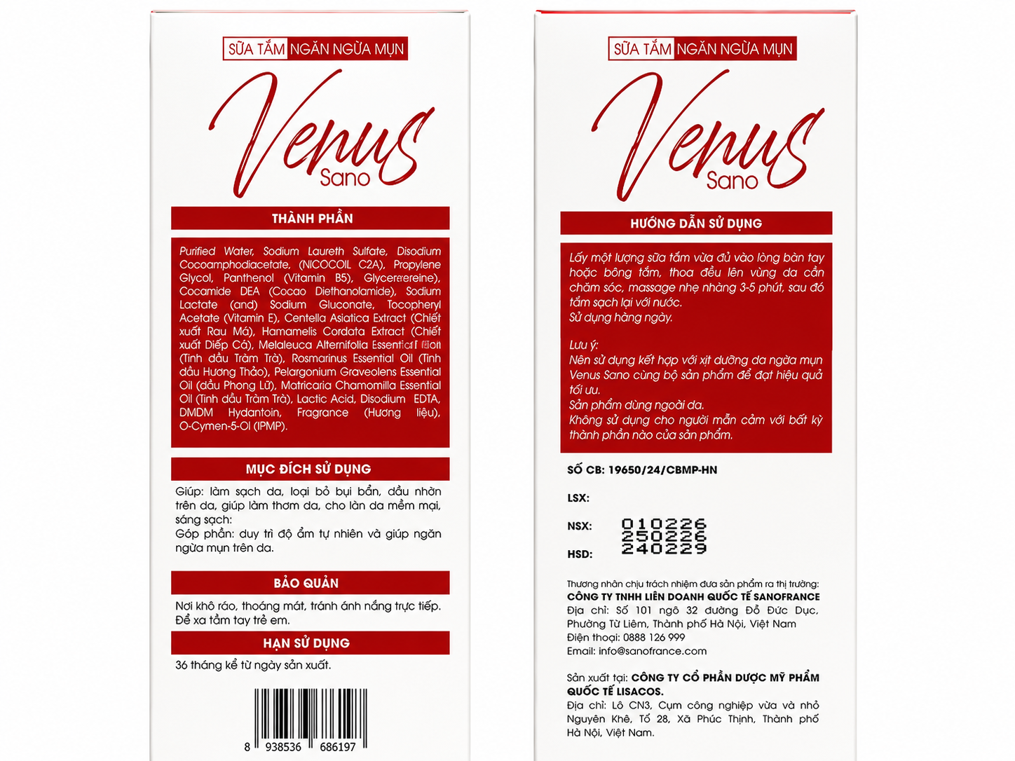 Sữa tắm Venus Sano hỗ trợ ngăn ngừa mụn cơ thể, làm sạch dầu nhờn, hỗ trợ duy trì độ ẩm tự nhiên 350gr