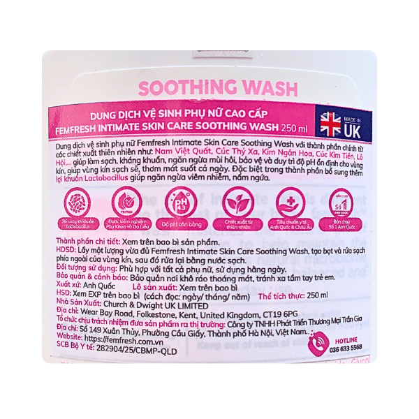 Dung Dịch Vệ Sinh Phụ Nữ Femfresh Soothing Wash Cân Bằng pH Và Bổ Sung Probiotics 250ml
