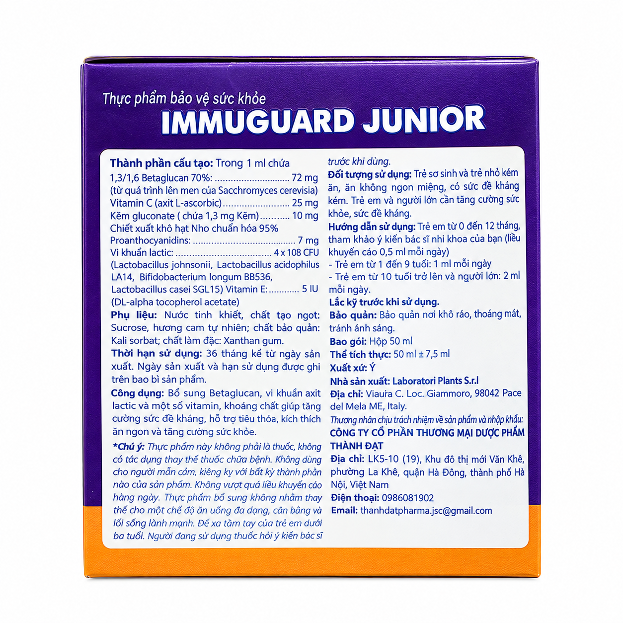 Immuguard Junior 50ml – Thực phẩm bảo vệ sức khỏe bổ sung Beta-glucan, lợi khuẩn, vitamin C, vitamin E và kẽm, hỗ trợ tăng cường sức đề kháng, tiêu hóa và ăn ngon