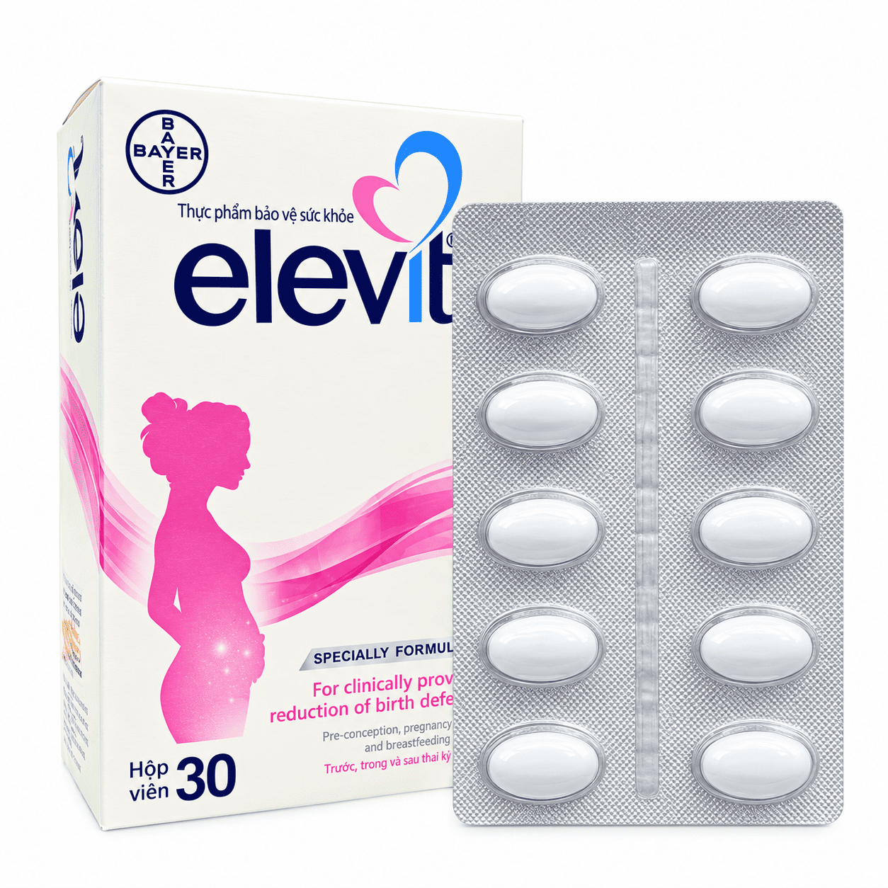 Elevit Bayer 30 viên – Thực phẩm bảo vệ sức khỏe bổ sung Acid Folic 800 mcg, Sắt, Vitamin và Khoáng chất cho phụ nữ chuẩn bị mang thai, đang mang thai và cho con bú