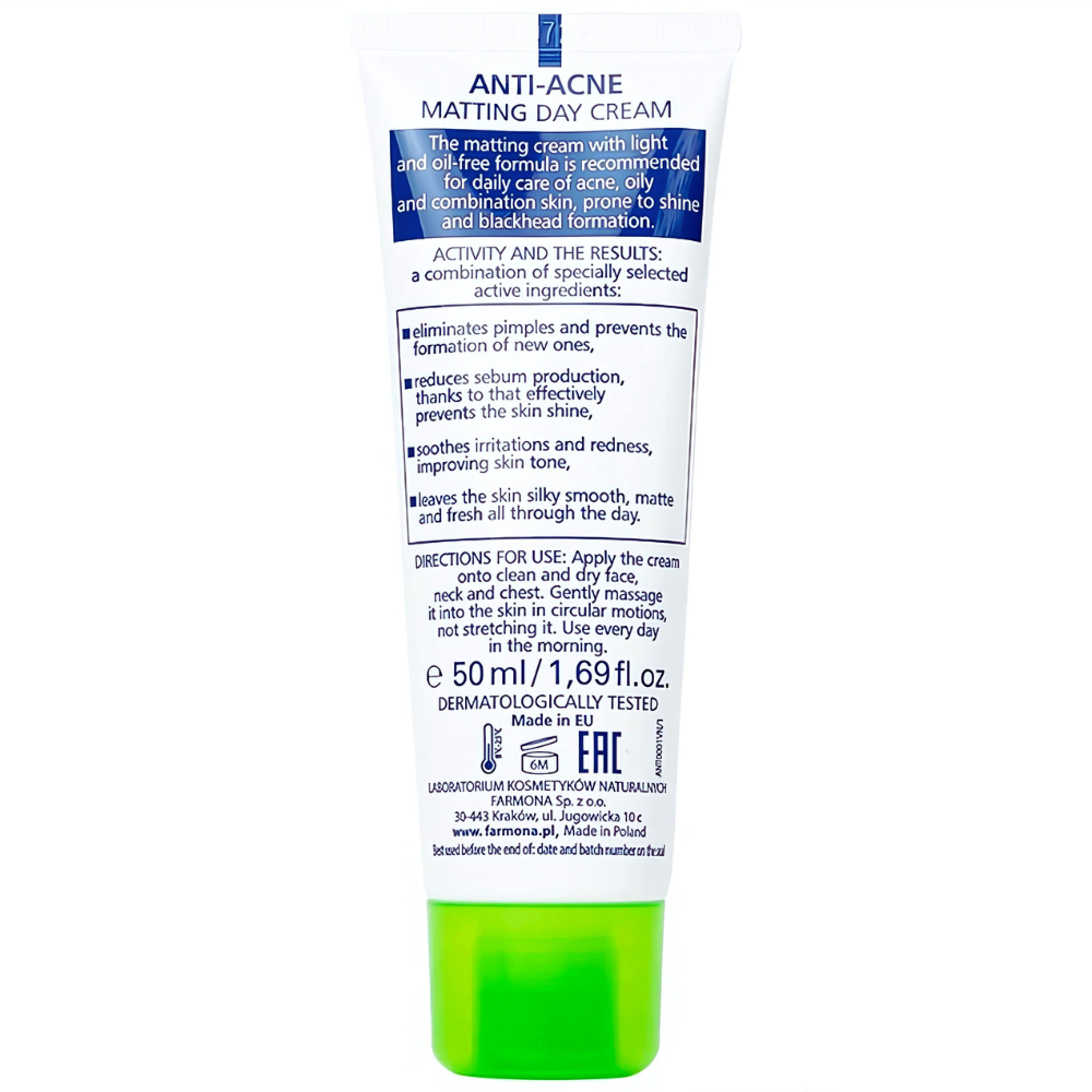 Kem Dưỡng Da Dermacos Anti-Acne Matting Cream Cho Da Dầu, Giúp Giảm Nhờn, Ngăn Ngừa Mụn Hộp 50ml (Ba Lan)