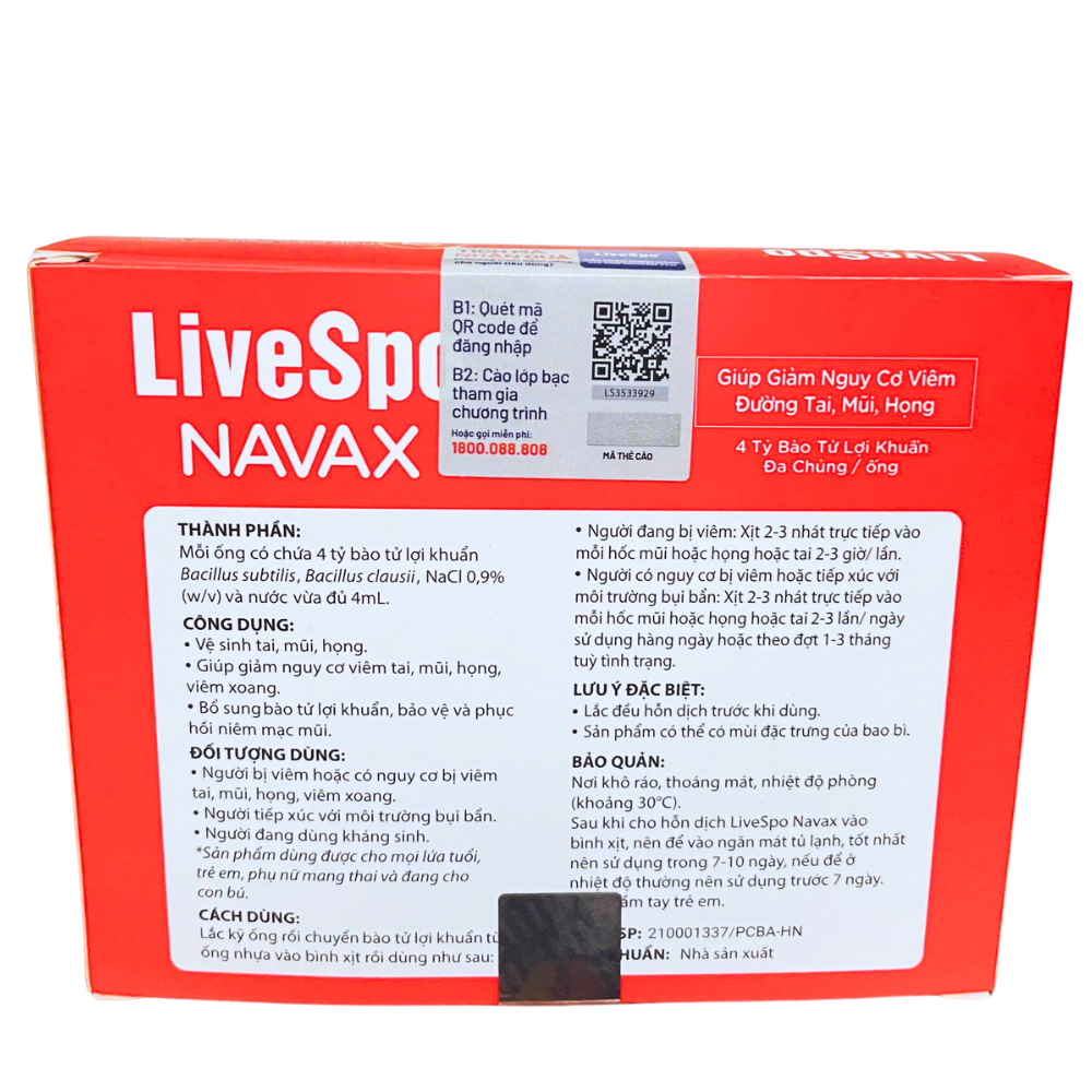 LiveSpo Navax Đỏ Chuyên Dụng Dạng Xịt Mũi Giúp Giảm Nguy Cơ Viêm Đường Tai, Mũi, Họng (Hộp 10 ống 4ml + 1 Bình Xịt)