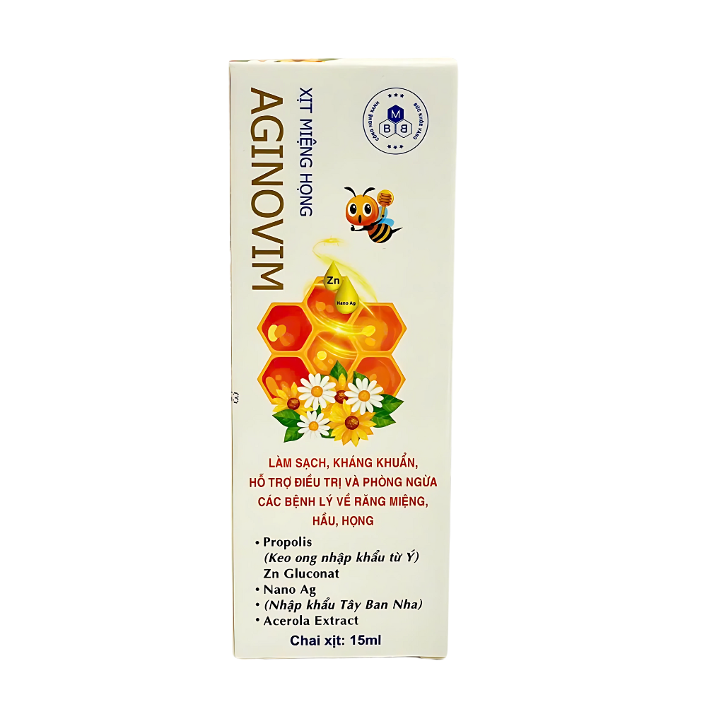 Xịt Miệng Họng Aginovim Keo Ong, Nano Bạc Hỗ Trợ Điều Trị Viêm Họng, Viêm Amidan, Giúp Dịu Họng, Giảm Ho (Chai 15ml)