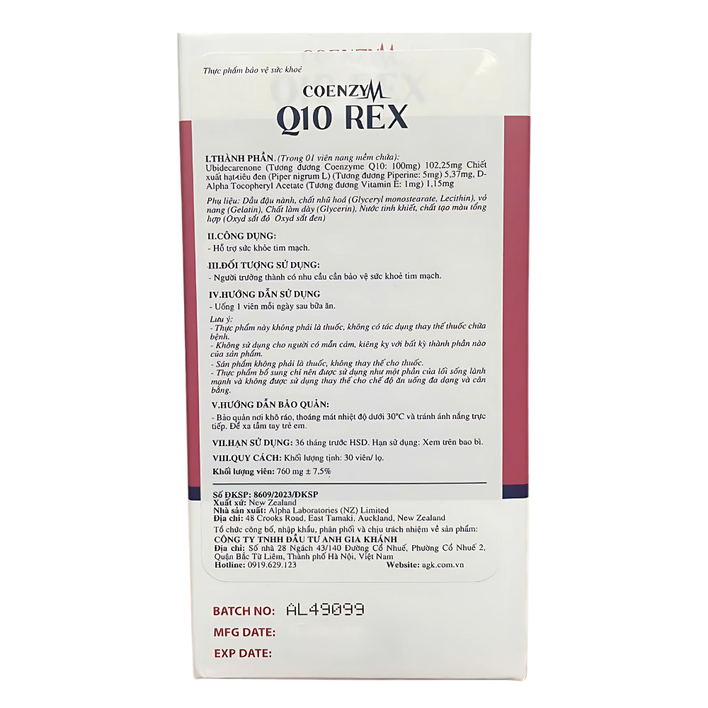 Viên Uống Coenzym Q10 Rex 100mg – Hỗ Trợ Sức Khỏe Tim Mạch, Tăng Cường Năng Lượng