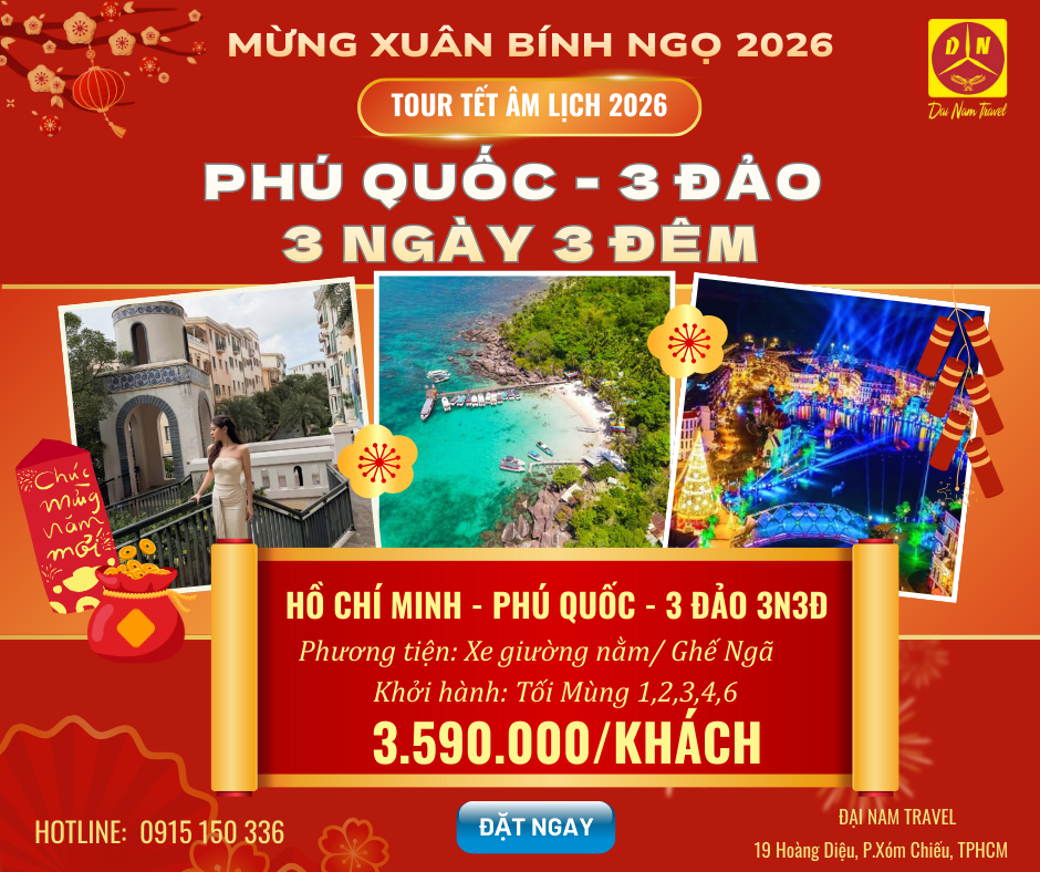PHÚ QUỐC – 3 ĐẢO – BÃI SAO – BẮC ĐẢO – NAM ĐẢO 3 NGÀY 3 ĐÊM | TOUR TẾT NGUYÊN ĐAN 2026 | KHỞI HÀNH HỒ CHÍ MINH Mùng 1,2,3,4,56,