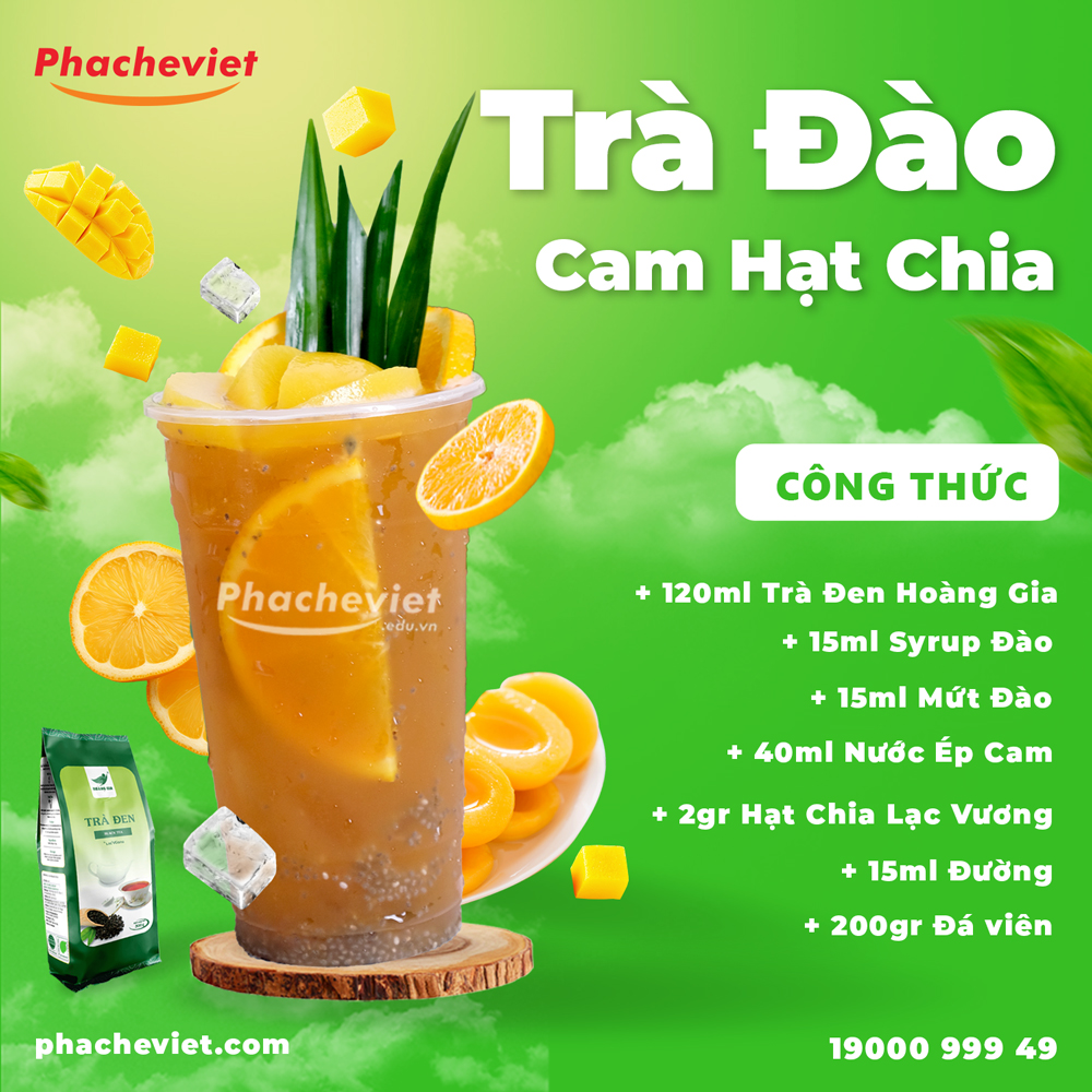 Công thức pha chế Trà Đào Cam Hạt Chia thanh lọc, giải khát.