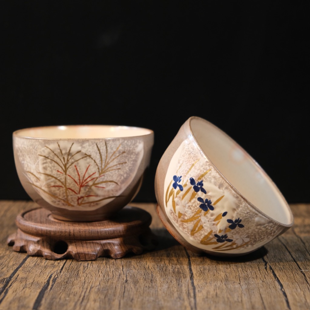 Cặp Chawan - Bát đánh matcha vẽ hoa lá ( triện đáy )