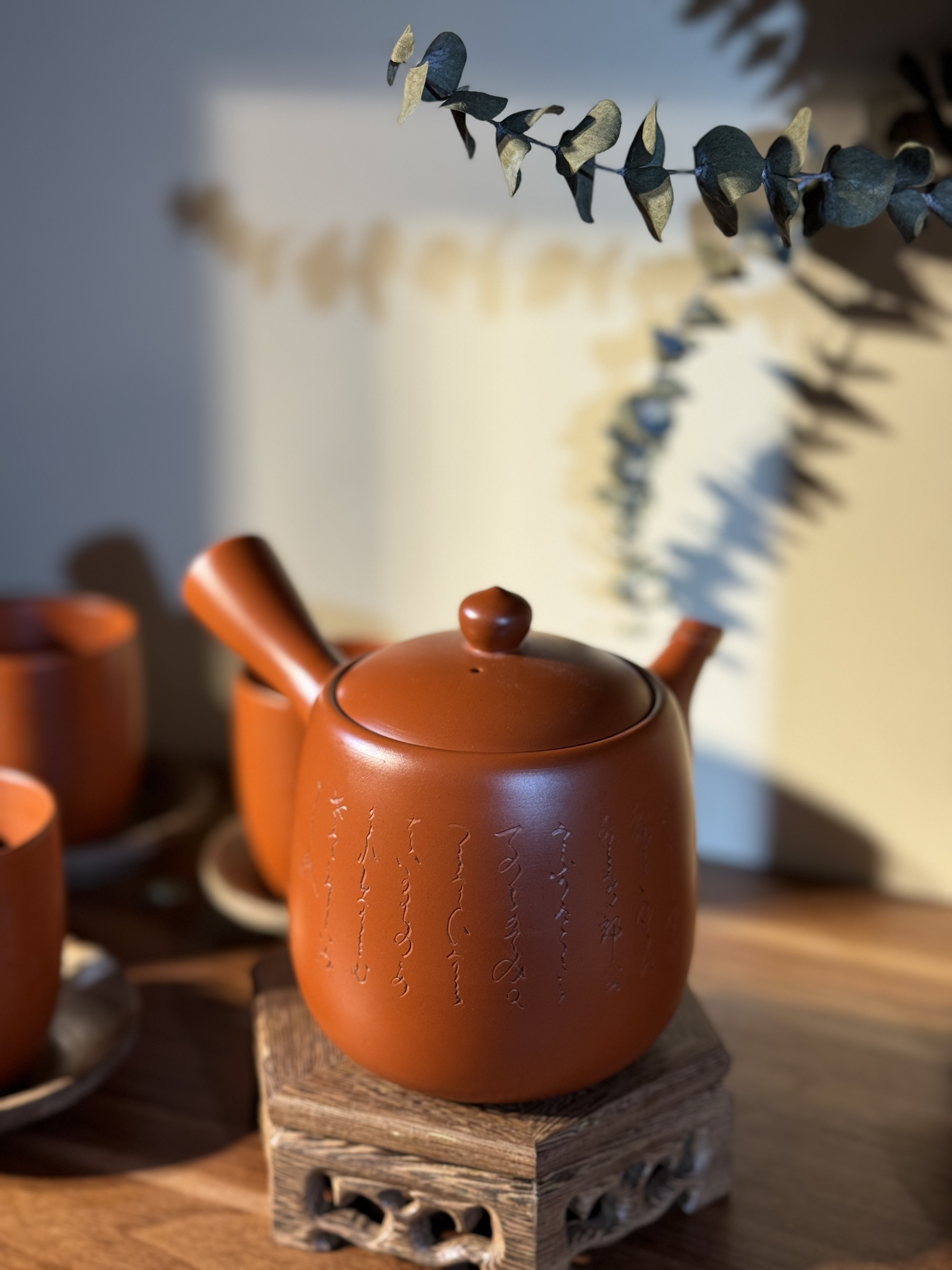 Bộ ấm Tokoname Kyusu khắc tay thư pháp lọc gốm bán cầu cốt đanh