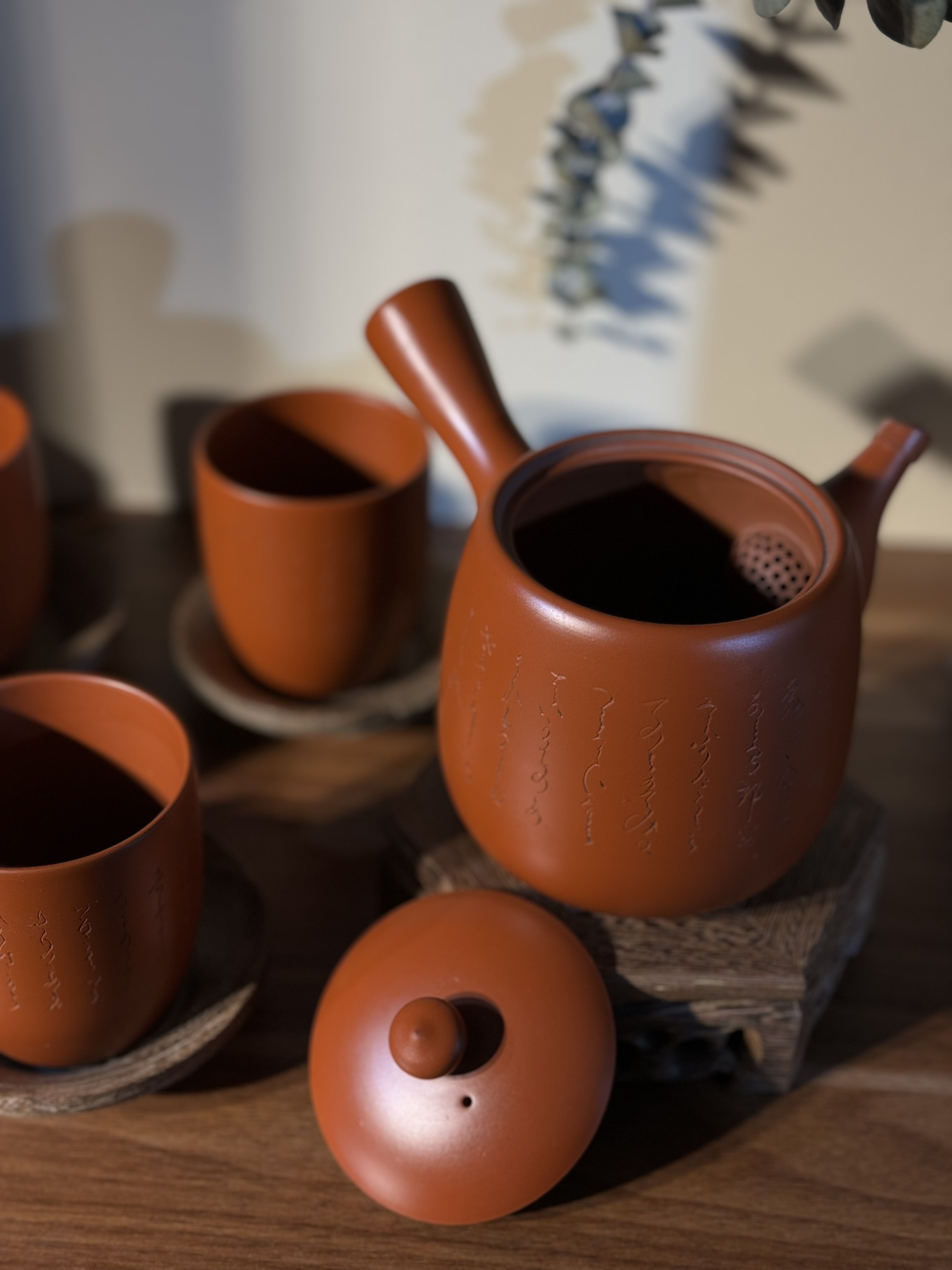 Bộ ấm Tokoname Kyusu khắc tay thư pháp lọc gốm bán cầu cốt đanh