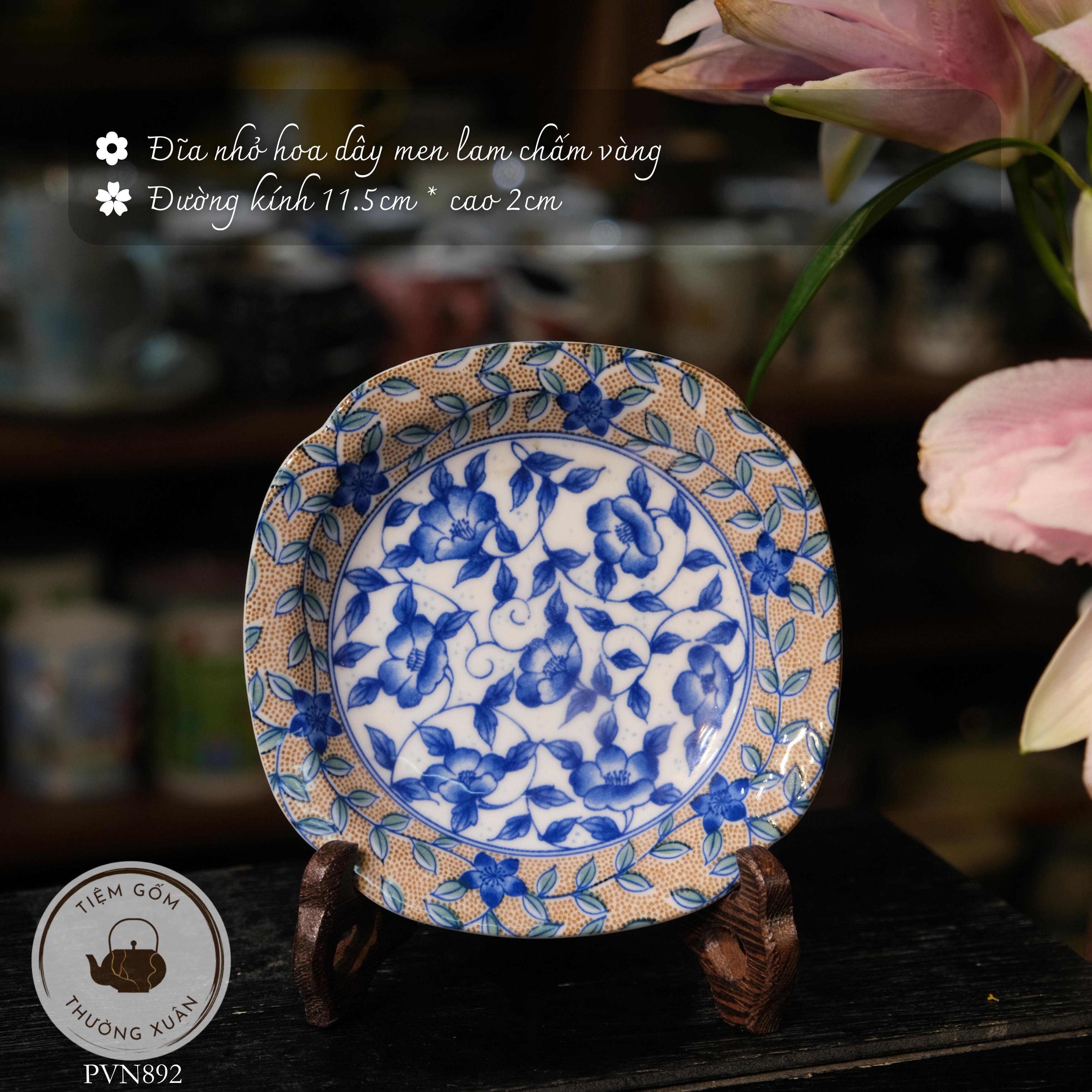 Đĩa nhỏ hoa dây men lam chấm vàng