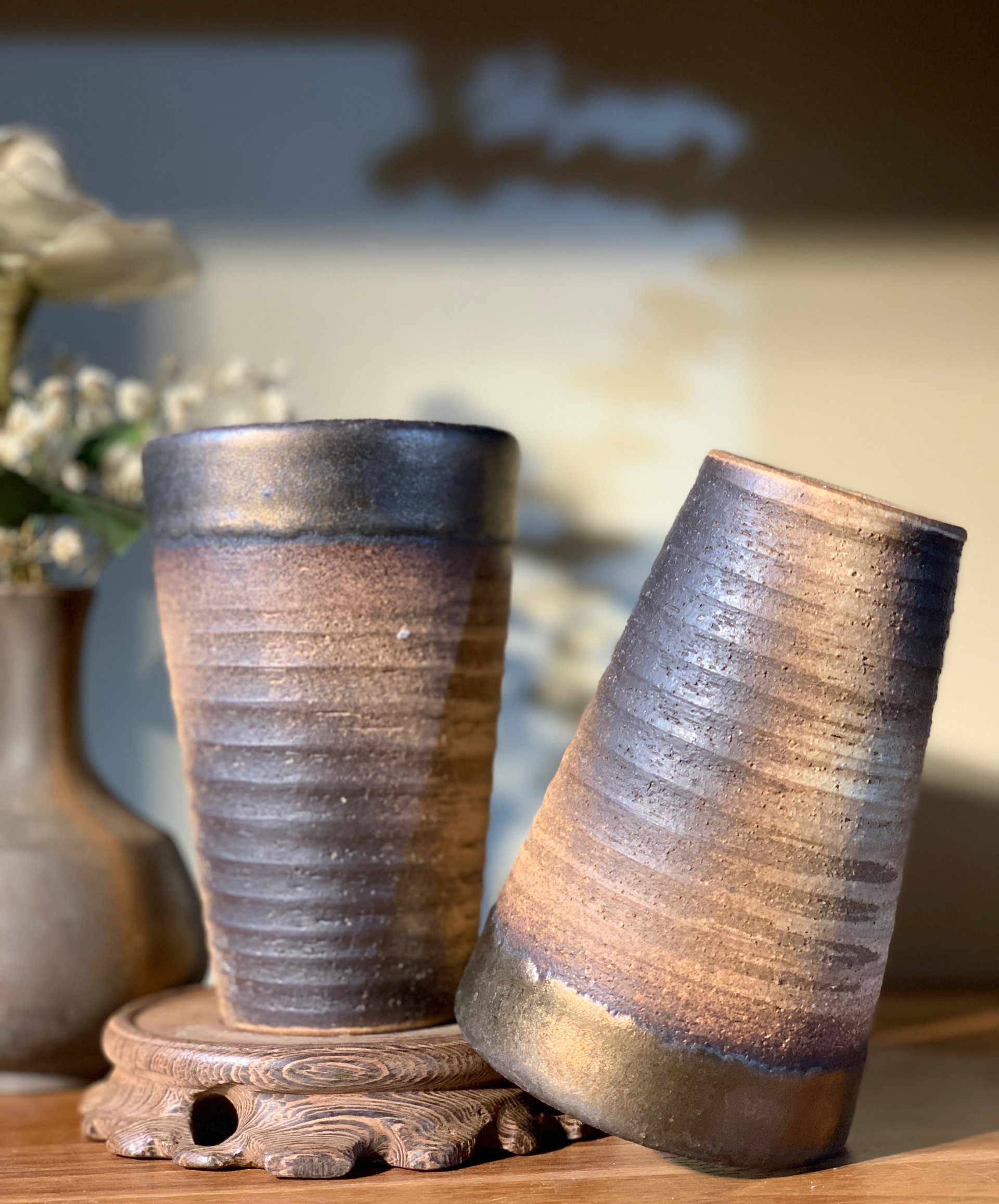 Cốc mộc hoạ tiết xoắn viền ánh kim