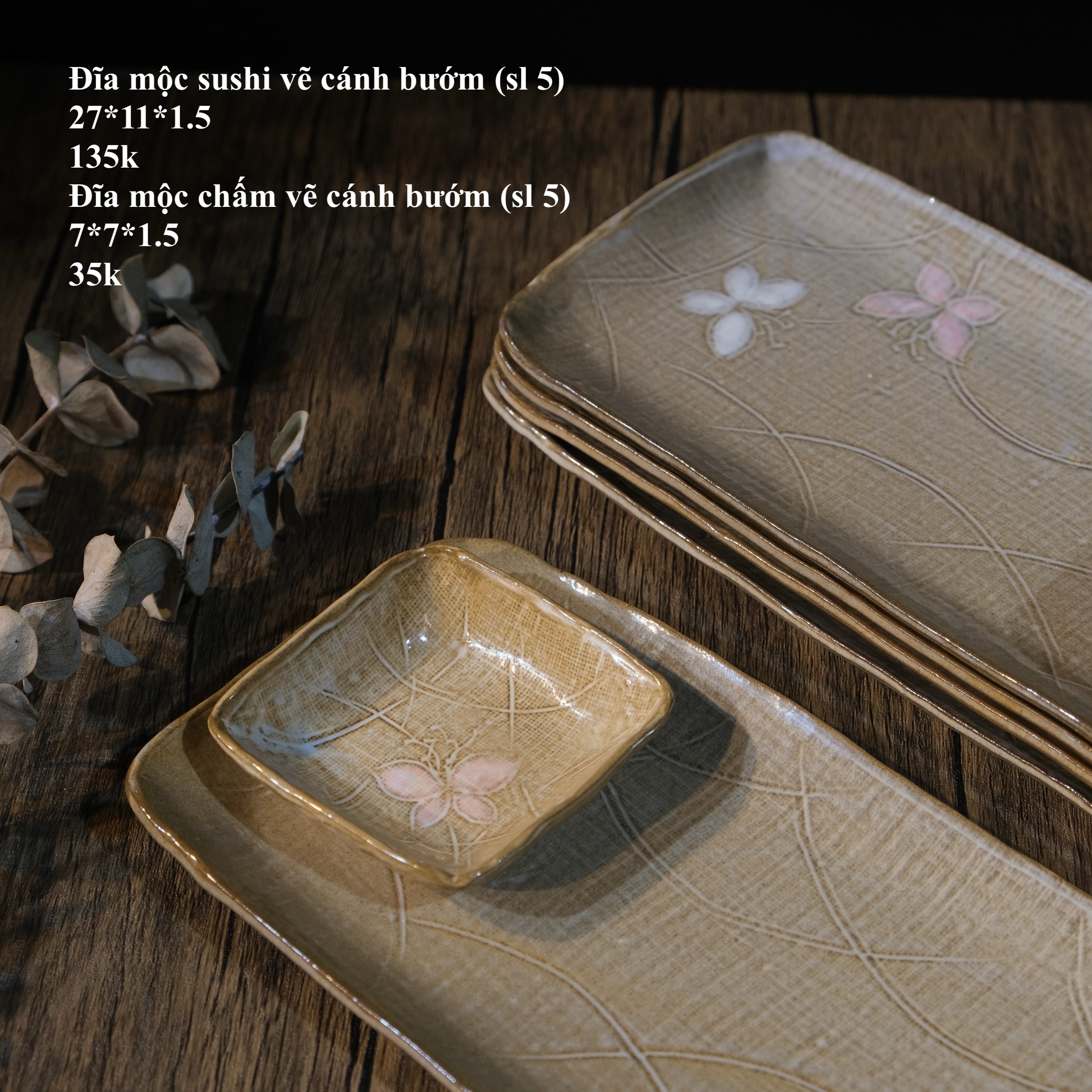 Đĩa mộc sushi vẽ cánh bướm