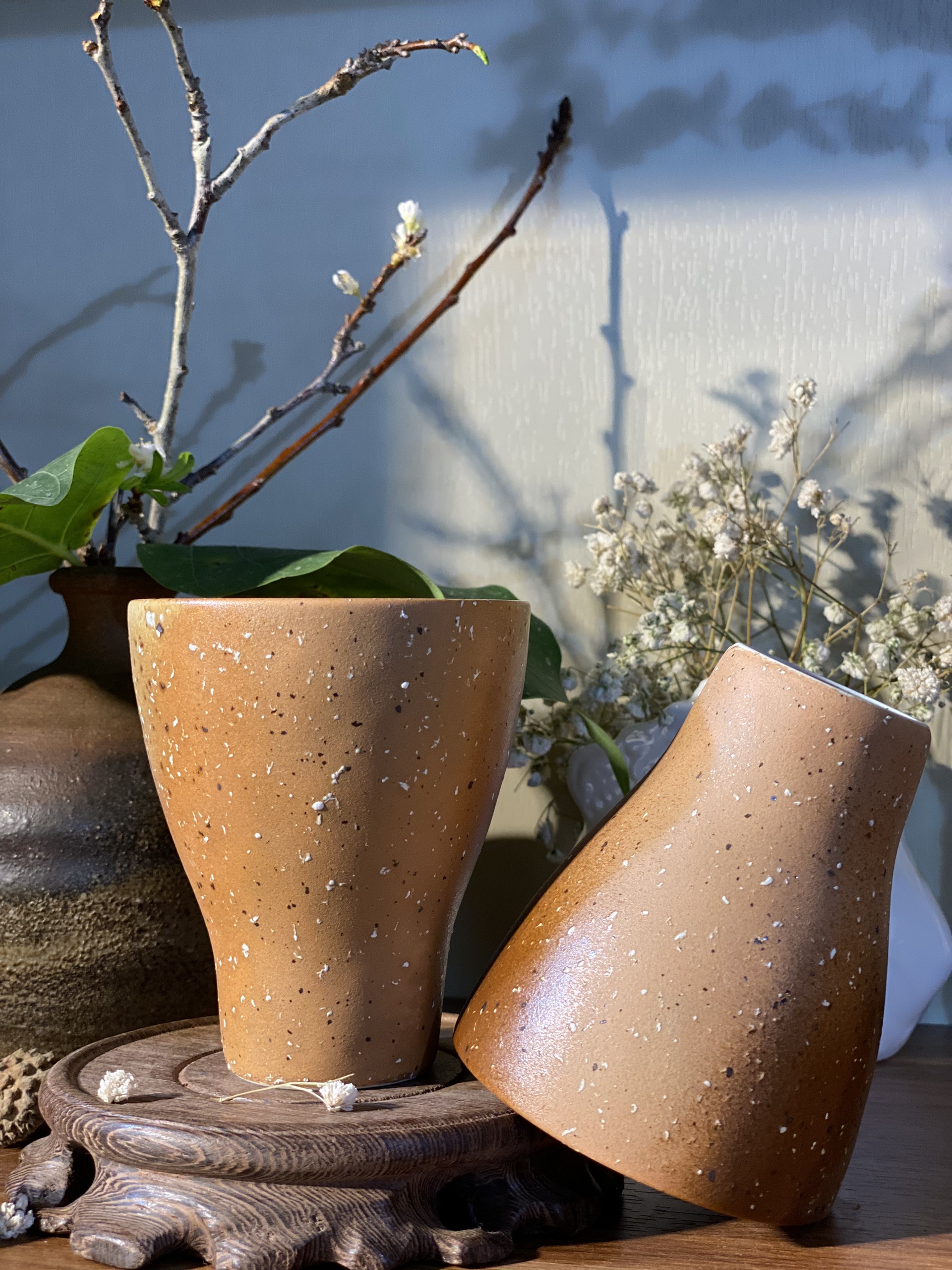 Đôi cốc gốm mộc Tachikichi chấm đen trắng