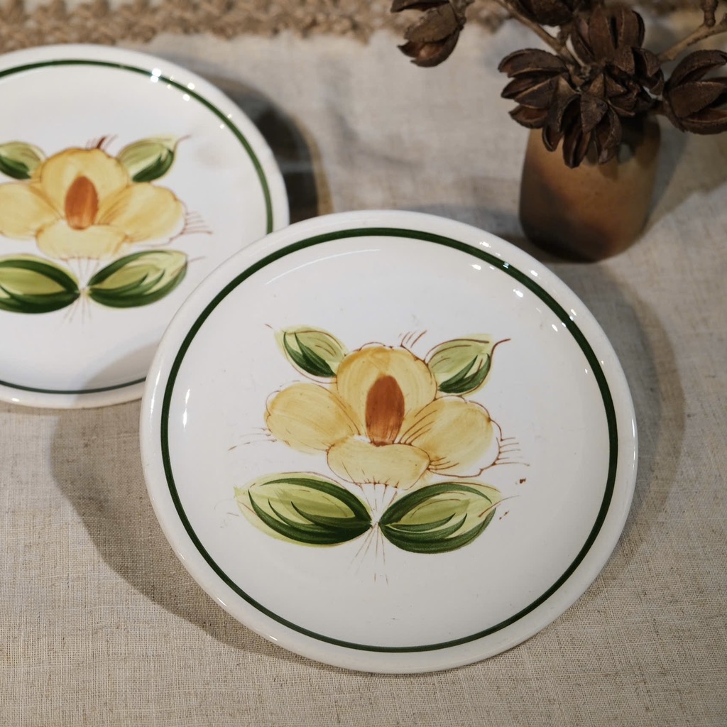 Đĩa vintage Nhật họa tiết hoa viền lục