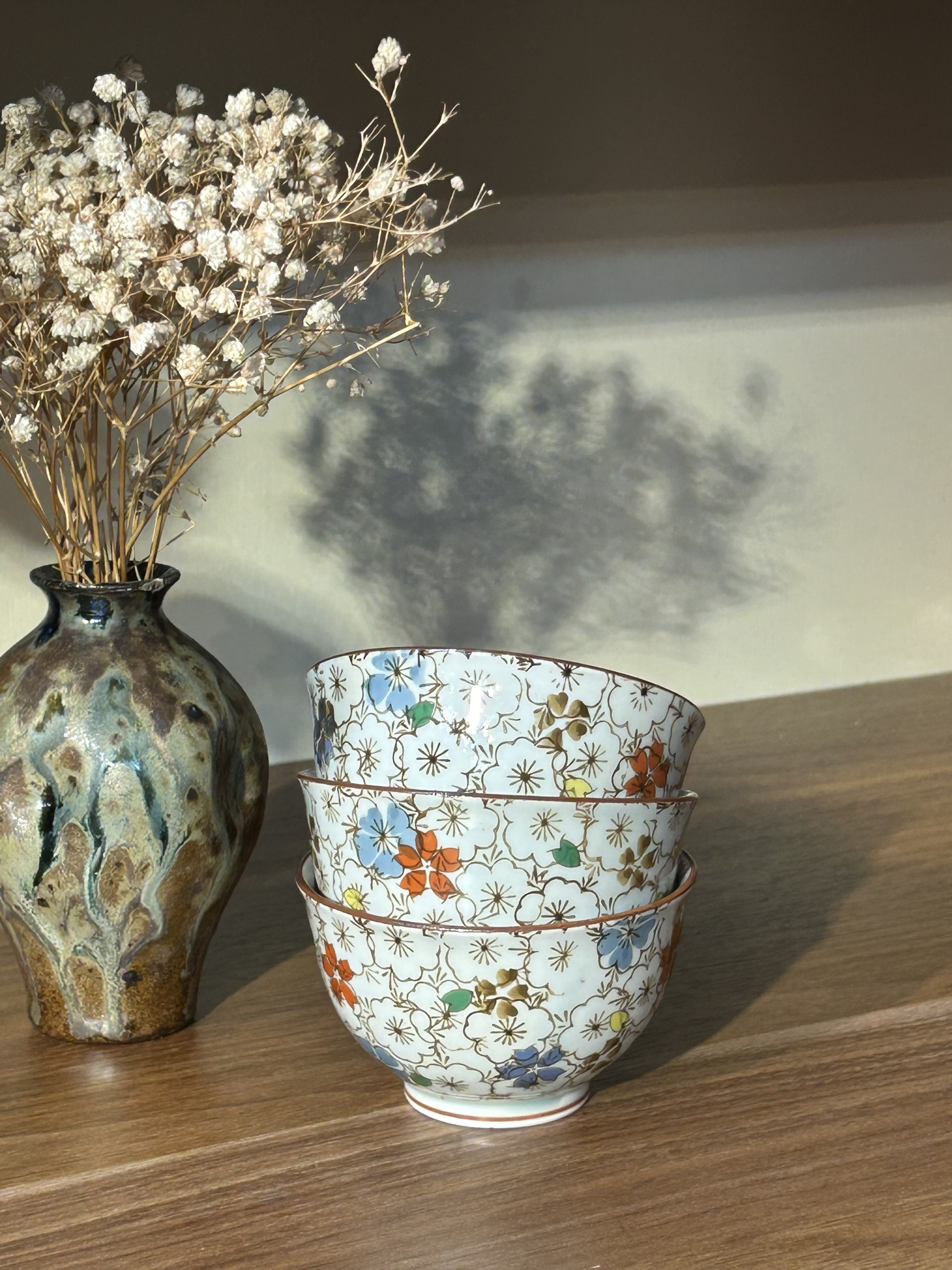 Set 3 chén hoạ tiết hoa tráng men