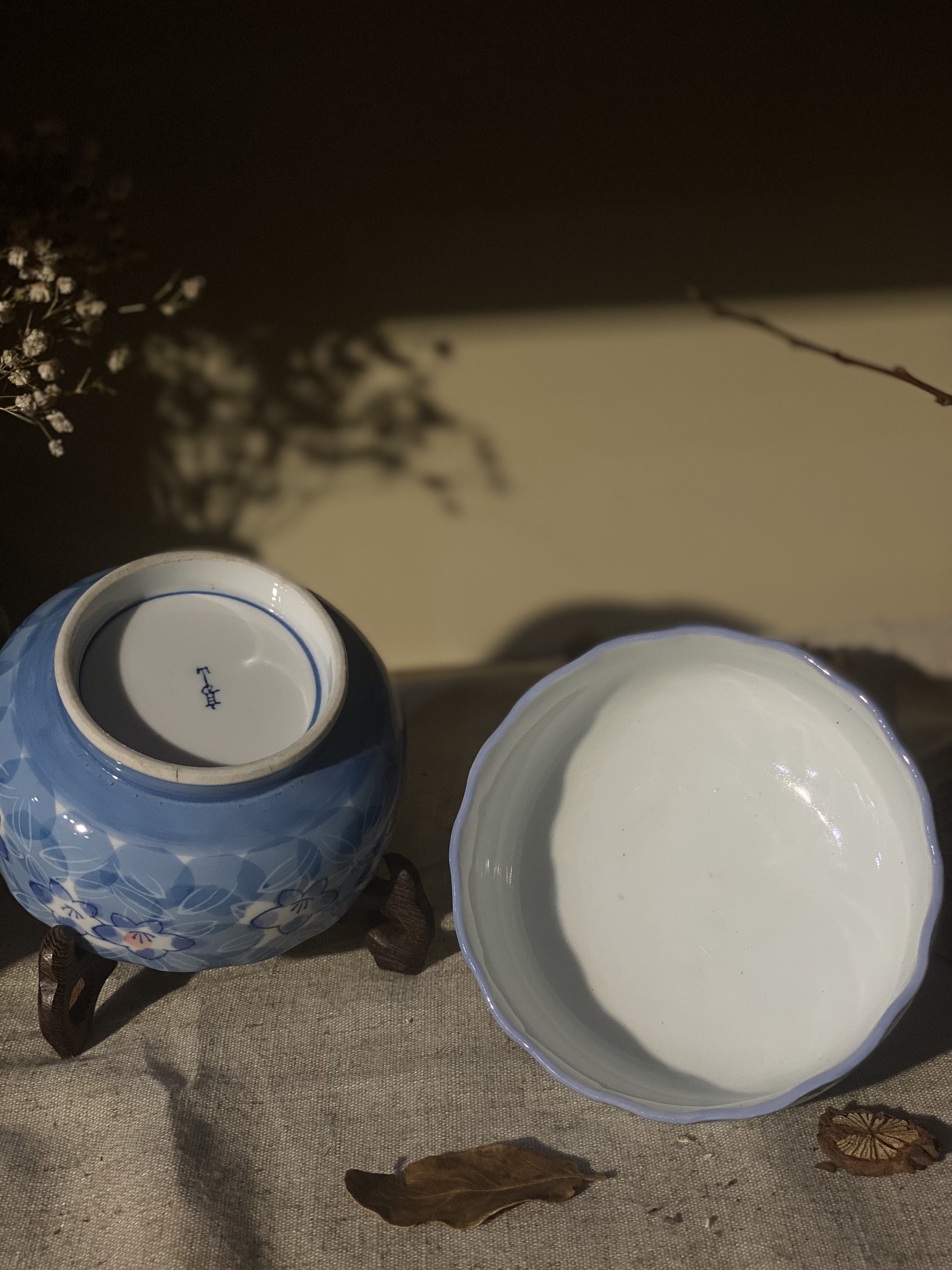 Set bát ăn cơm tráng men hoạ tiết hoa xanh 5c