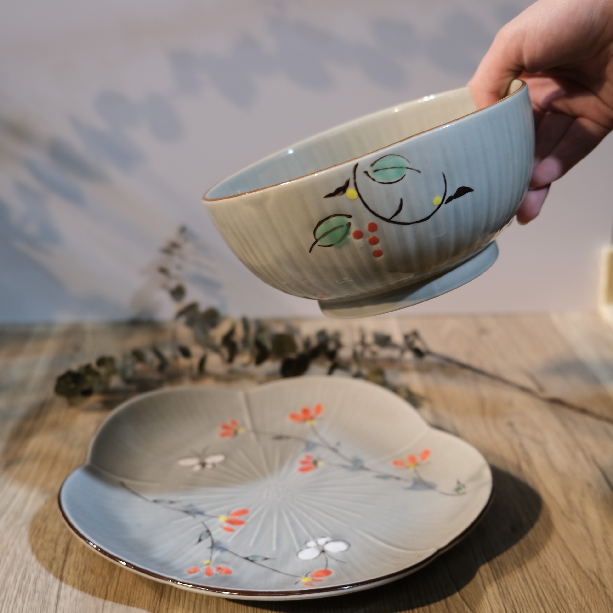 Set bát đĩa men xám vẽ hoa