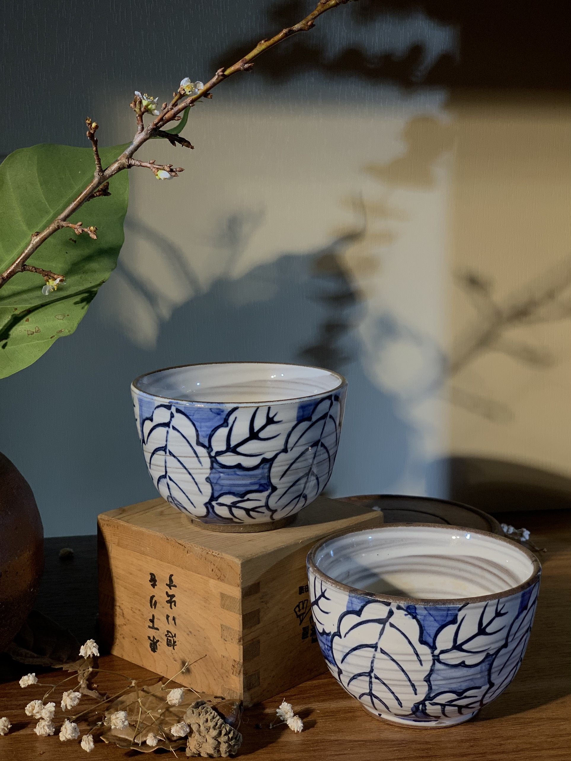 Set chén tráng men vẽ lá viền nâu