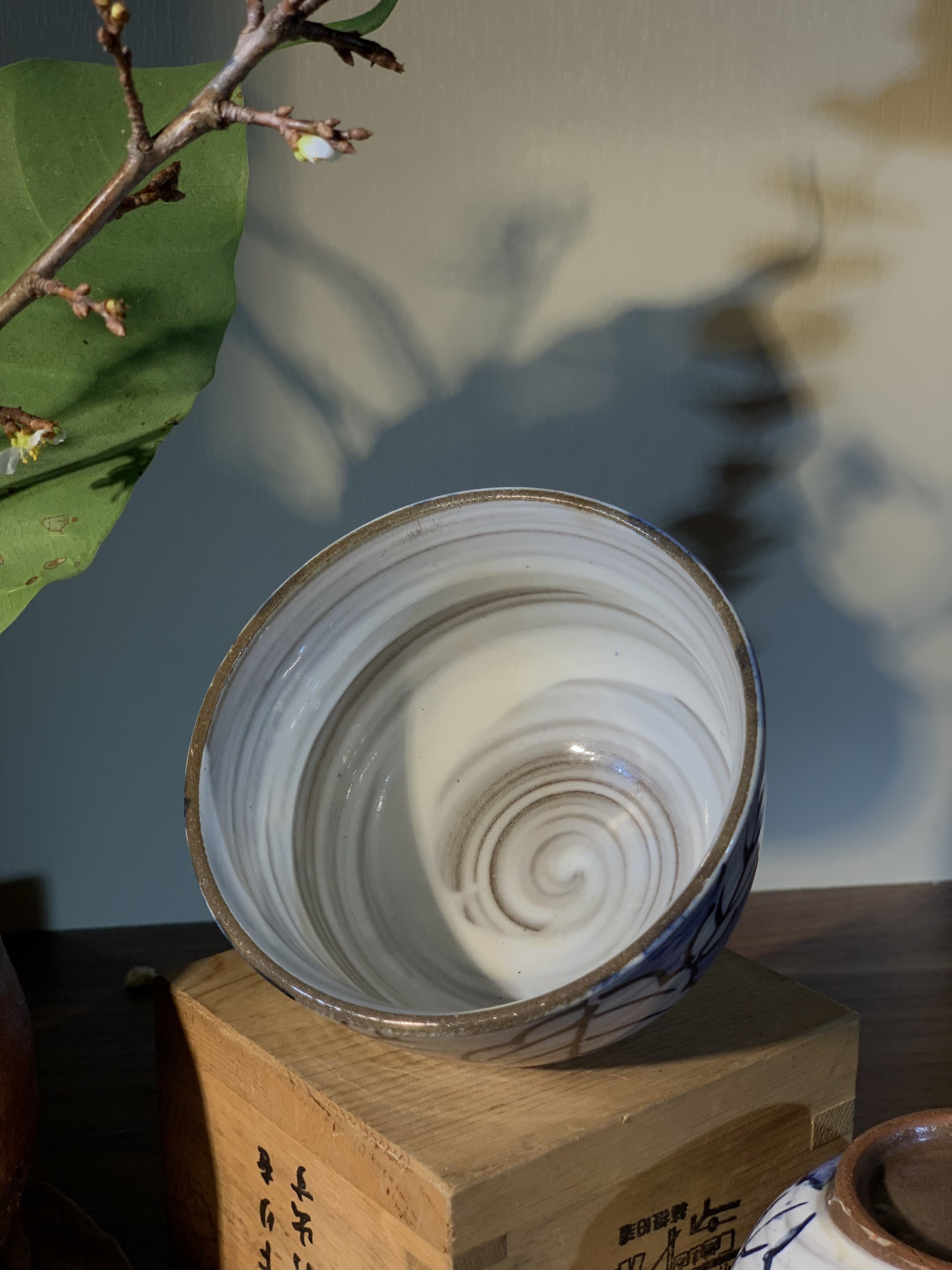 Set chén tráng men vẽ lá viền nâu