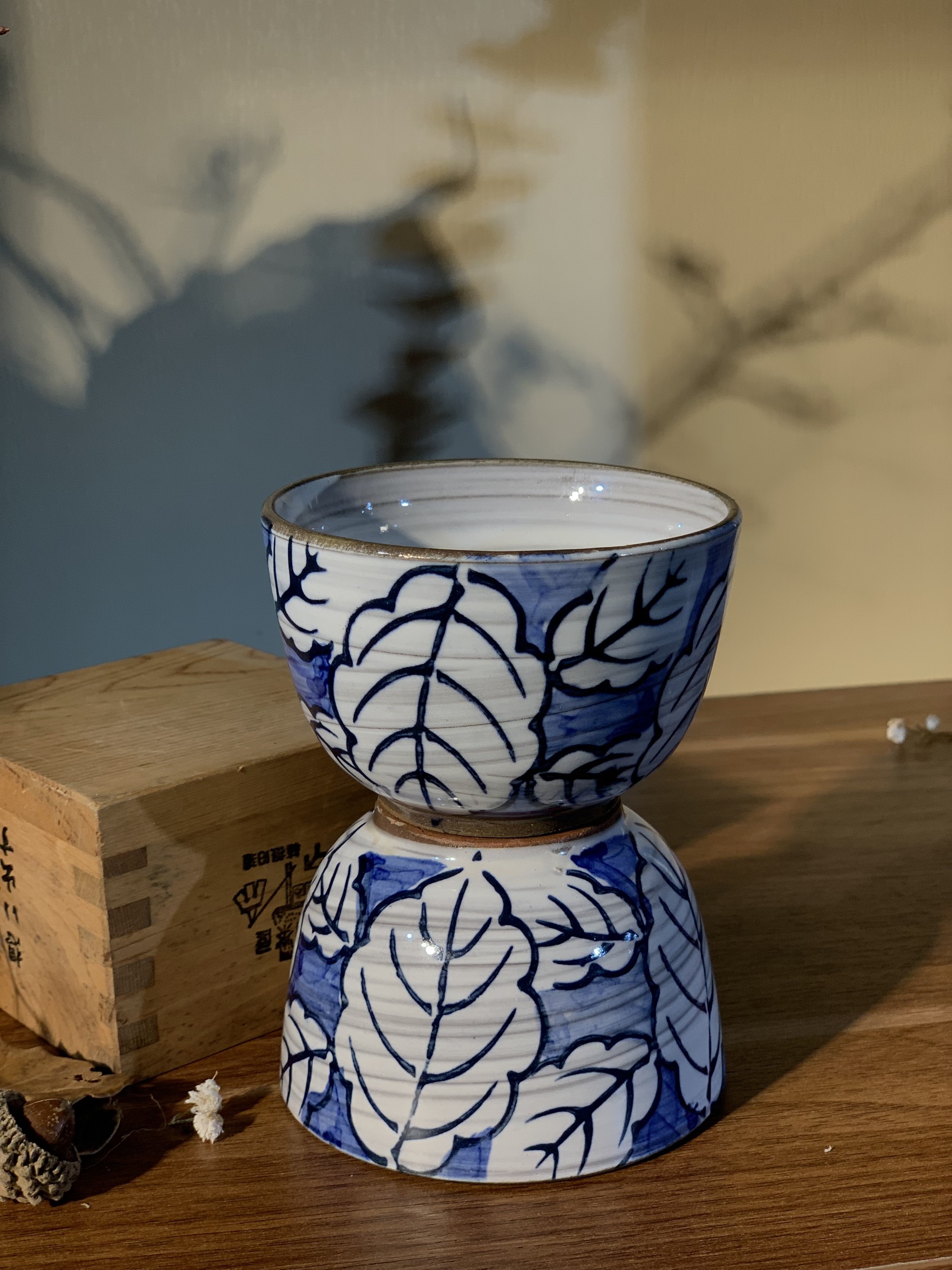 Set chén tráng men vẽ lá viền nâu