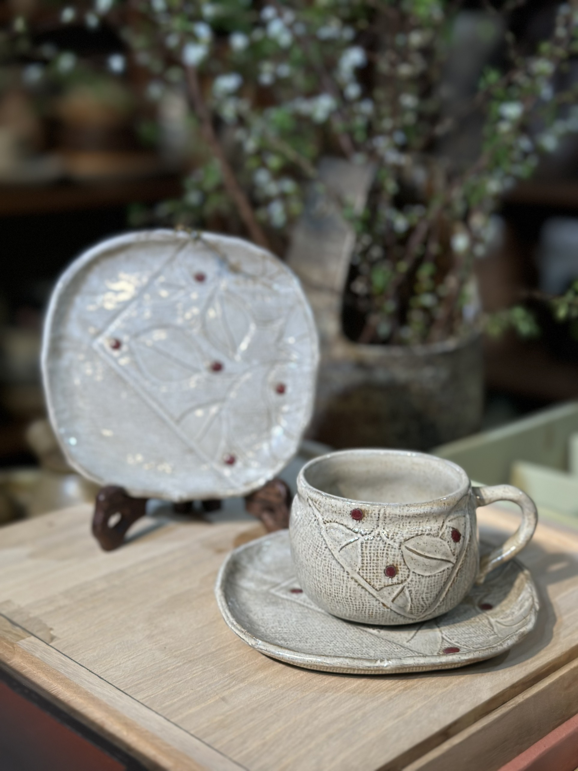 Set cốc mộc tráng men xám vẽ lá