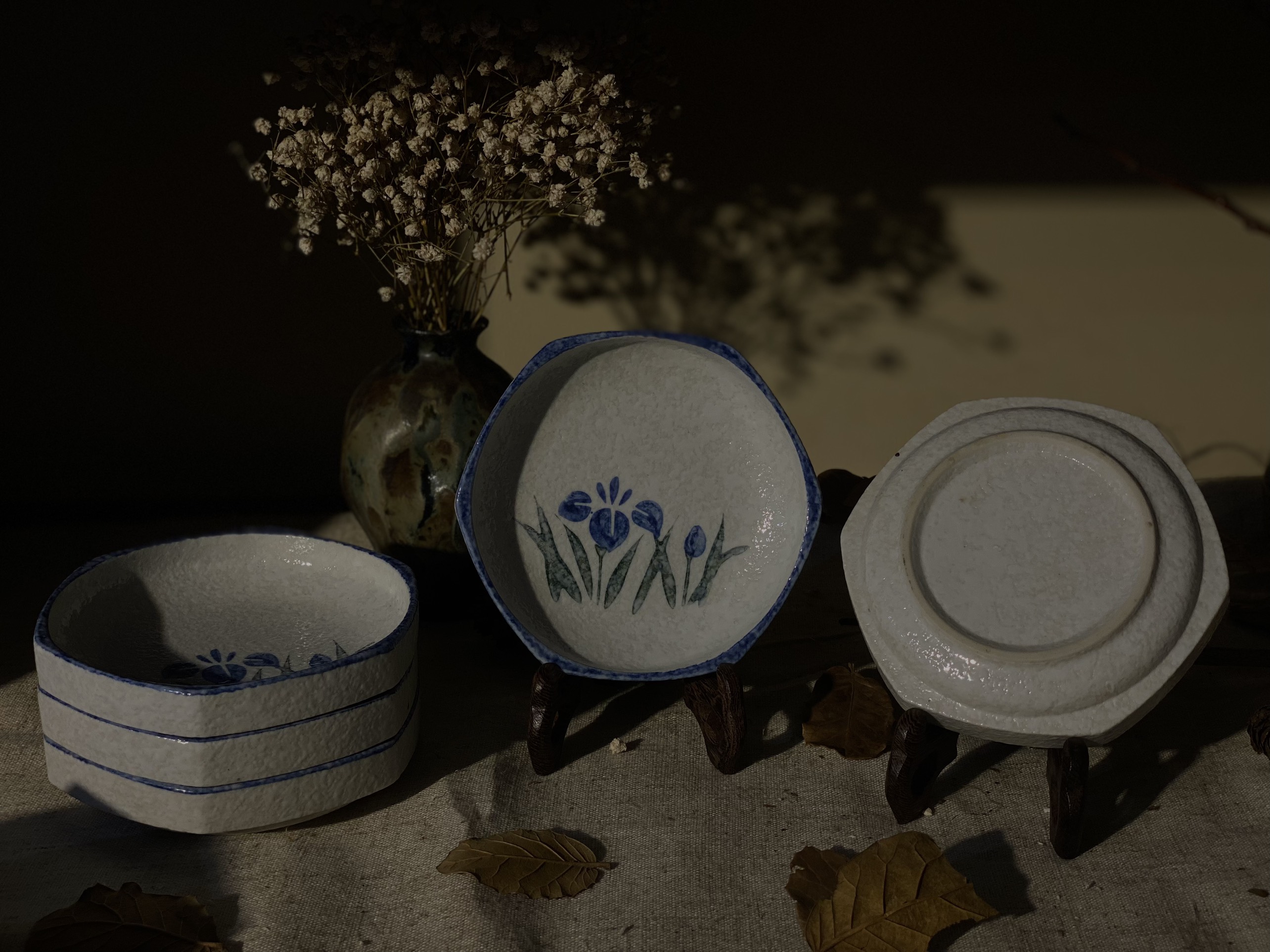 set đĩa tráng men tuyết hình lục giác hoạ tiết hoa Tulip