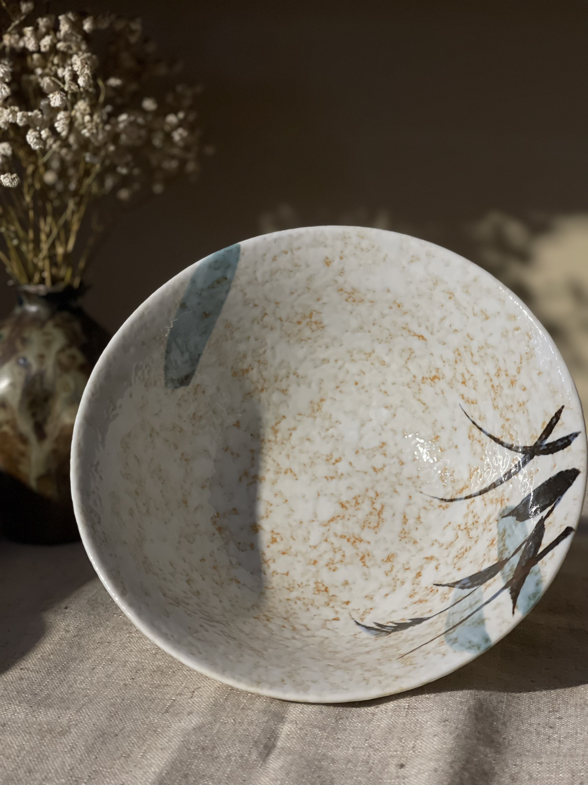 Tô mộc men đá vẽ lá trúc size nhỡ L