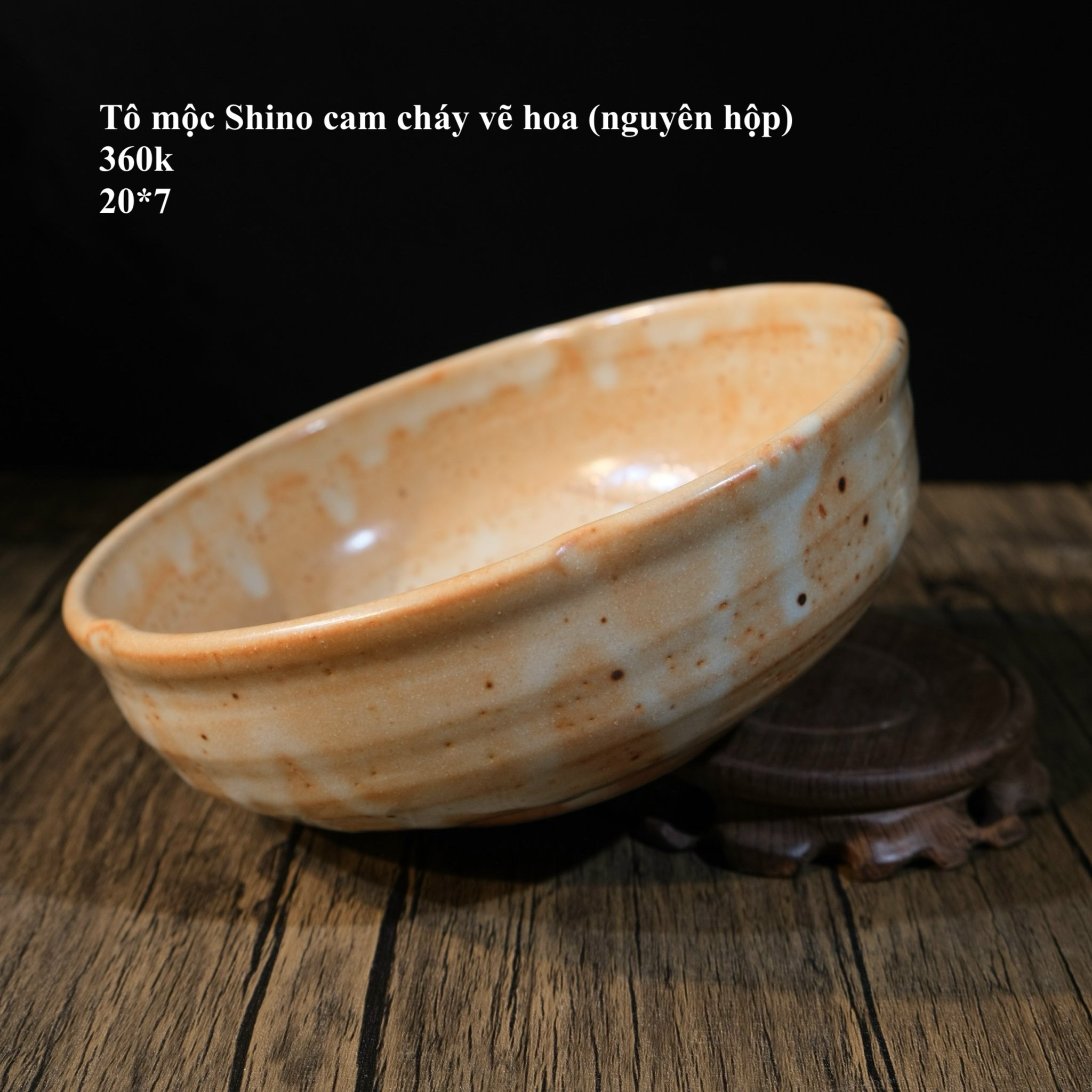 Tô mộc Shino cam cháy vẽ hoa (nguyên hộp)