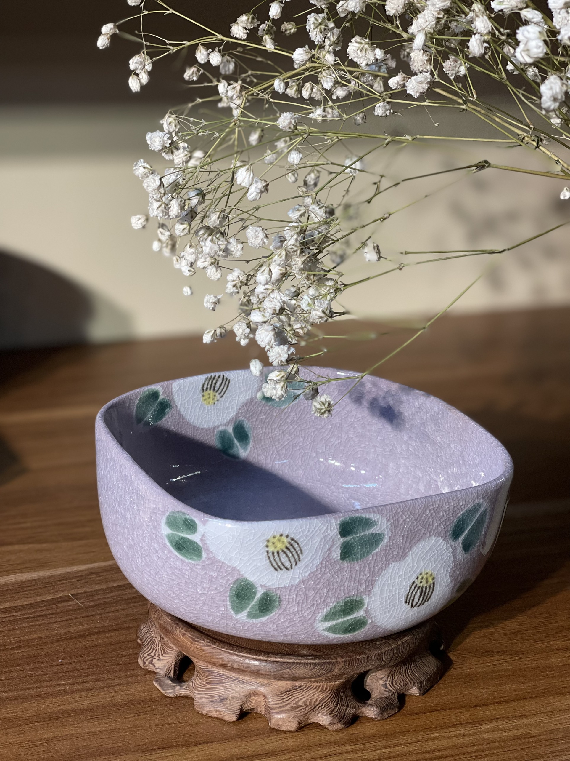 Tô nhỡ Kyoyaki men rạn vẽ hoa trà